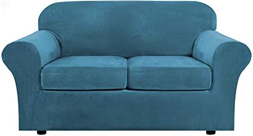 LINGKY Velvet Sofa Cover with 2 Separate Cushion Covers, Stretch Ultra Soft Plush Sofa Slipcover Replacement Anti-Slip Furniture Protector with Elastic Bottom (Deep Teal,3 Seater(173-229cm))