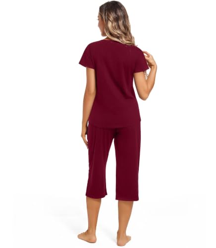 Image of ENJOYNIGHT Womens Pajama Sets Cotton Pj Set Short Sleeve Top With Capri Pants Sleepwear 2 Piece Lounge Set