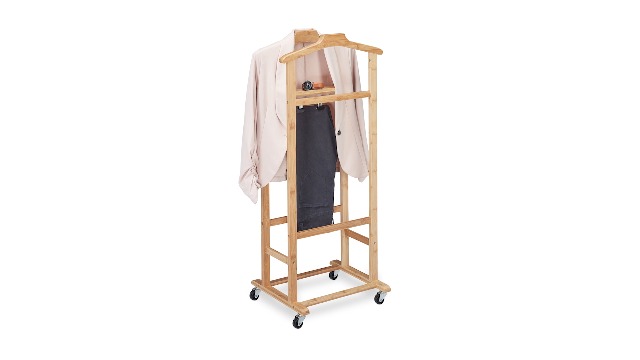 Relaxdays Valet on Castors, for Men and Women, Bamboo Clothes Rack, in Bedroom or Hallway, HWD: 107x47x37 cm, Natural