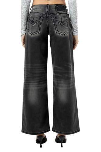 Miss Me Women's Sevryn Border Stitch Faux Flap Pockets Mid-Rise Wide Leg Jeans