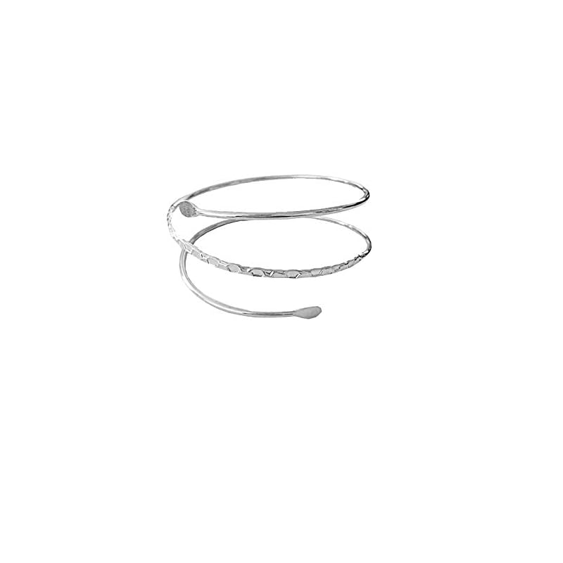 HUNO Minimalist Metal Punk Spiral Coil Upper Arm Cuff Open Arm Bracelet Armlet Adjustable Hammered Wrap Armband Bangle for Women-spiral silver - Image 5