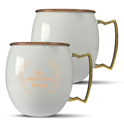 Custom Copper Moscow Mule with Smooth Painted Finish - Engraved Bar Style 100% Copper Cup with Branches Family Monogram ThemedEngraving, Brass Handle | 18 oz, White | Set of 2