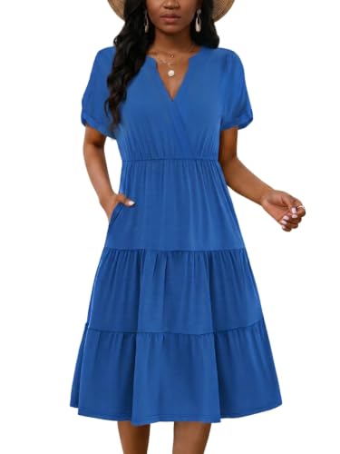 Image of PerZeal Women's Casual Tiered Midi Dress with Pockets - V Neck Short Sleeve Elastic Waist Ruffle Summer Dress for Daily Wear