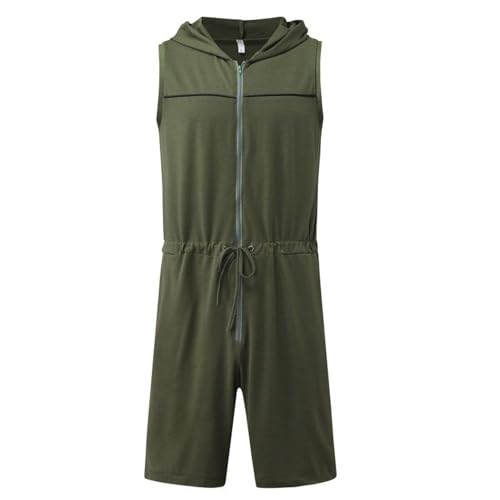 Lu's Chic Men's Zip Up Onesies Rompers Summer Sleeveless Romper Hooded Tank Short Thin Soft Casual Hood Playsuit Green 3X-Large