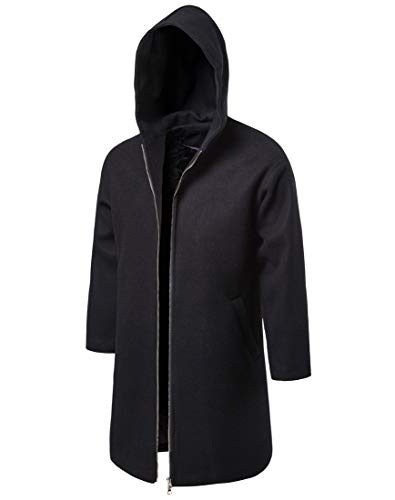 Hombre Largas Abrigo Invierno Moda Termica Capa con Capucha Cremallera Color Sólido Casuales Duffle Abrigo Encapuchado (Negro,L)