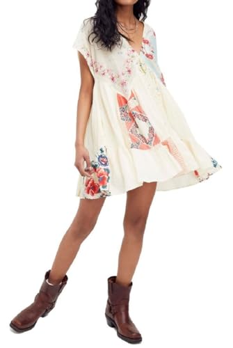 Women Bohemian Floral Mini Dress Y2K Babydoll V Neck Short Dress Loose Fit Patchwork Dress Beach