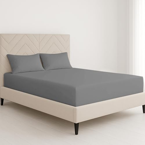 CHCOMFORT King Size Fitted Sheet 150×200 cm with 2 Pillowcases | Extra Deep 40cm Pocket | Soft Wrinkle-Free Fade-Resistant and Breathable Grey Microfiber Bed Sheet(Gray King)