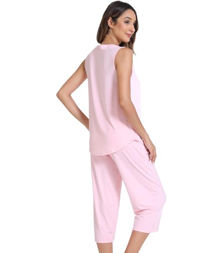 Image of NACHILA Pajamas for Women-Viscose Made from Bamboo, Sleeveless Pjs Tank Top Capri Pants Pajama Sets Cooling Sleepwear