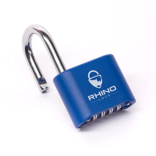 Rhino Lock Secure Lock - Blue 4 Digit Combination Padlock for Gym Locker, School & Work Lockers; Coded and Suitable for Outdoor Use with Fences, Hasps, Sheds & Toolboxes (UK Brand)