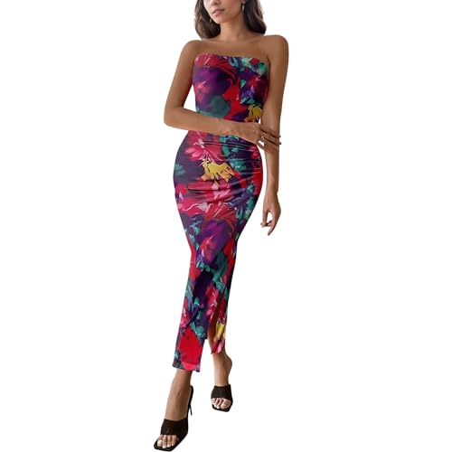 Image of Women's Tube Top Maxi Dresses Printed Tie Dye Strapless Bodycon Long Dress Split Side Sleeveless Party Elegant Outfits