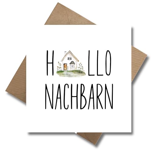 WBdesignz Nachbar Karte mit Umschlag - Nette Geschenkkarte “Hallo Nachbarn” Willkommen Karte Glückwunschkarte Geschenkkarte zum Einzug (125 x 125 mm)