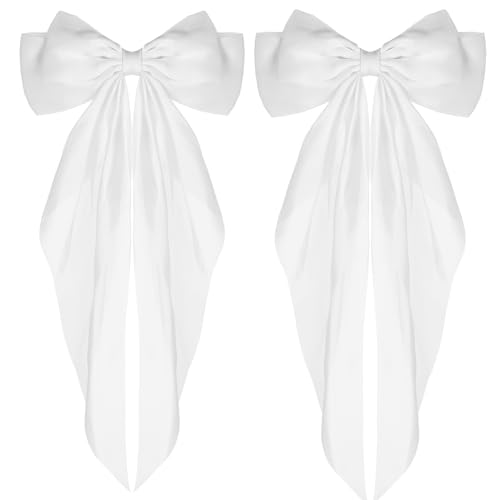 WLLHYF Big Bow Barrettes 2 Pieces Soft Silky Satin Hair Clip Long Tail French Ribbon Hair Pins Metal Bowknot Clips 90's Accessories for Party Valentine's Day Women Girl (White+White)