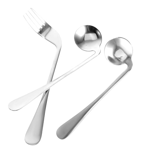 VERDANVERSE 高齢者用斜めスプーン 湾曲フォークセット 自助食器 耐久性金属製 ベッドの食事補助 介護用食器 高齢者 障害者向け 1set