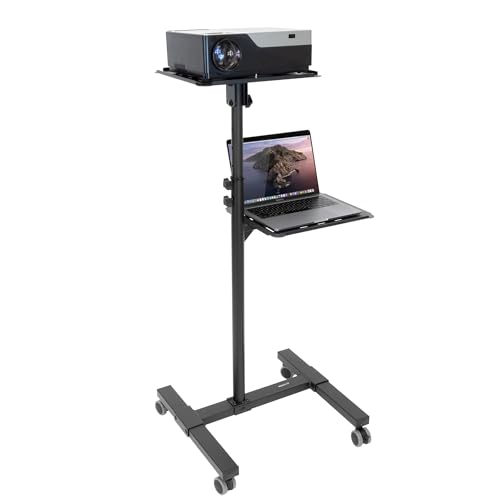 Mount-It! Mobile Projector and Laptop Stand (2 Shelves), Rolling Cart with Ventilated Tray, Heavy Duty, Height Adjustable Laptop and Projector Presentation Trolley, Black