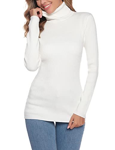 NC Damen Elegant Rollkragen Pullover Slim Fit Langarm Strickwaren Rollkragenpullover Einfarbig Strickpullover für Winter Ribbed Strick Pullover Tops Weiß M Cover