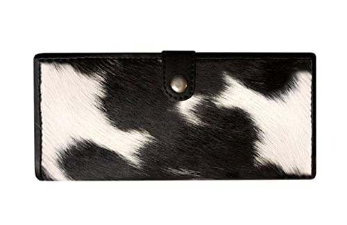 NGF Womens Zipper Wristlet Cowhide Clutch Real Leather Wallet Purse, Handbag Organizer for women Size 8 x 4 Inches CL-9 Black & White (Button)
