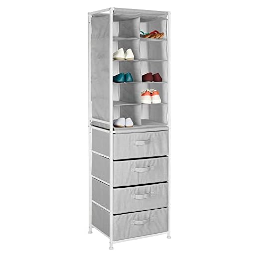mDesign Mueble zapatero – Práctico organizador de zapatos con estructura de metal para la entrada o el trastero – Estantería guarda zapatos con 10 compartimentos y 4 cajones – gris