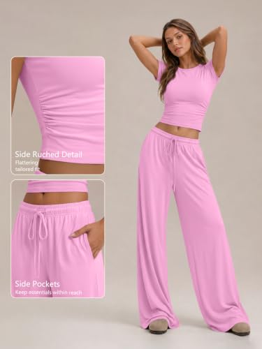 Image of Trendy Queen 2 Piece Matching Summer Lounge Set Womens Side Ruching Top Wide Leg Pants Sets with Pockets