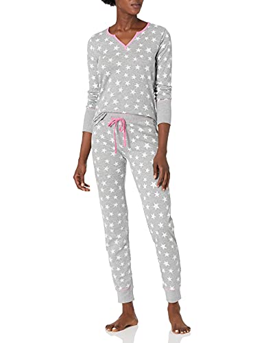 Amazon Brand - Mae Women's Vintage Thermal Henley Long Sleeve Top with Jogger, white stars, LARGE