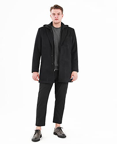 Lisskolo Men's Wool Blend Overcoat with Detachable Hooded Trench Coat Hip Length2