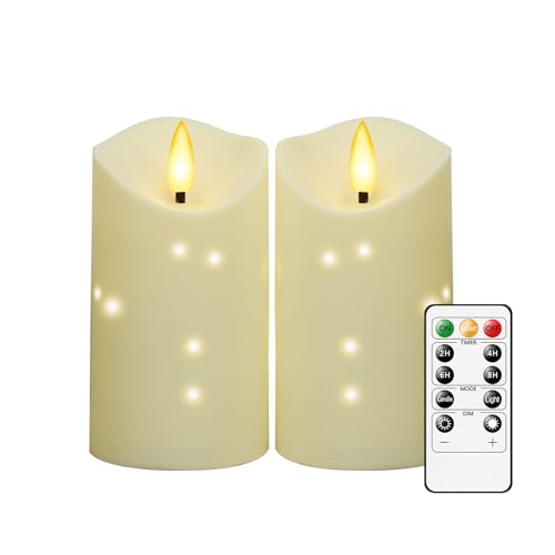 Image of kakoya Outdoor Waterproof Flickering Flameless Candles with Embedded Star String,2Pcs LED Pillar Candles Battery Operated with Remote and Timers for Courtyard,Porch,Camping,Holiday Decoration(Ivory)