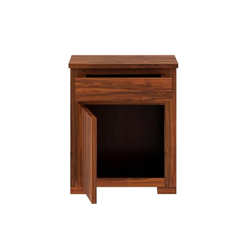 Image of Solid Sheesham Wood Bedside Table with 1 Drawer & 1 Door Storage, End Table, Side Table for Bedroom, Living Room, Home (Natural Finish)