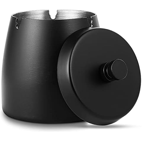 Ashtray with Lid, Windproof Cigarette Ash Tray for Outdoor Indoor, Metal Ashtray Ash Holder with Lid Smell Proof for Garden Bar Balcony Home Office Decoration - Black Cover