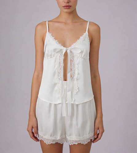 Image of ROAONOCOMO Women Lace Trim Pj Shorts Set Square Neck Coquette Tank Top Silk Satin Pajama Set Babydoll 2 Piece Shorts Outfit