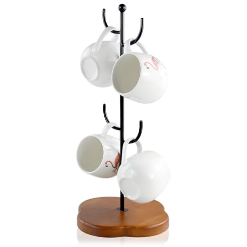OT-NVWOZR Coffee Cup Holder, Mug Tree Mug Holder with 4 Hooks, Mug Stand for Counter with Thickened Base, Black Mug Storage Rack for Kitchen Coffee Bar Accessories Tabletop Home
