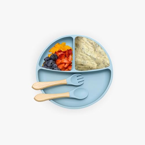 Image of Kids Station 3 Piece BPA-Free Silicone Baby Feeding Set - Baby Plate - Spoon and Bowl - Make Mealtime Fun - Microwave Safe - Unbreakable Eco-Friendly - Organic & Natural (Blue)