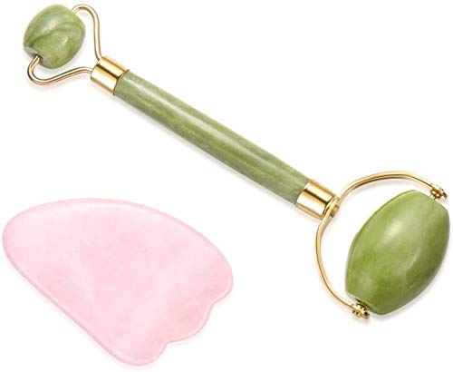 Anti Aging Jade Roller Massager & Gua Sha Rose Quartz Scraping Massage Tools for Face Neck Body Skin Healing Therapy - Instruction Guide Included