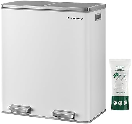 SONGMICS Trash Can, 2 x 8 Gal Garbage Can for Kitchen, with 15 Trash Bags, 2 Compartments, Plastic Inner Buckets and Hinged Lids, Airtight, White and Grey LTB60WT