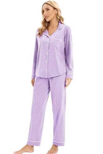Image of LUBOT 100% Cotton Pajamas for Women Pajama Set Soft 2 Piece Sleepwear PJ Set Long Sleeve Knit Button Cozy Loungewear XS-XXL