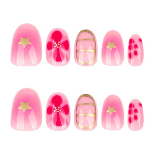 Image of Floral Press on Nails Hot Pink Fake Nails Spring Summer Nail Glossy Glue on Nails Reusable Artificial Acrylic Full Cover Star Stick on Nails Short Oval False Nails for Women Girls Manicure 24Pcs