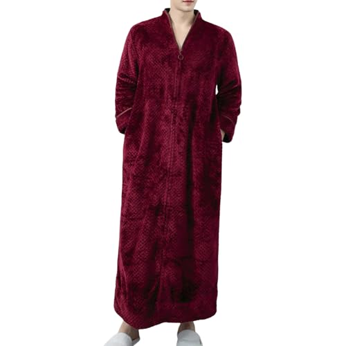 Generisch Albornoz para hombre, largo invierno, cálido, con cuello en V, manta de forro polar, con cremallera, bata de casa, kimono, ropa de dormir para hombres