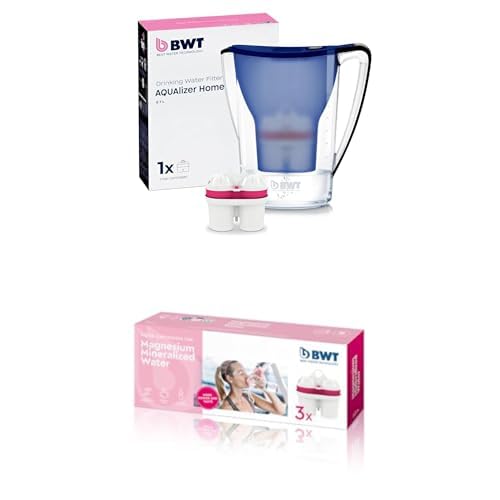 Bundle | BWT Jarra Filtradora de Agua Aqualizer Azul 2,7L | Reduce Cal, Cloro e Impurezas y Enriquece con Magnesio – incl. 4 Cartucho MAGNESIO | Hasta dureza de 14,9 °dH