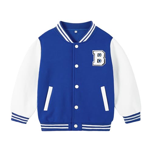 Volunboy Chaqueta de béisbol para niños, abrigo universitario Letterman, abrigo de forro polar para otoño e invierno, ropa de abrigo vintage, azul, blanco, 5-6 años