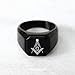 Tioneer Black Plated Stainless Steel Floral Compass Freemasons Masonic Symbol Square Flat Top Signet Biker Rings for Men, Size 9