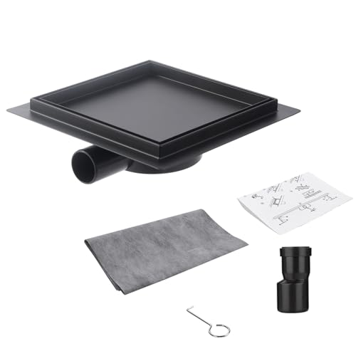 Caniveau de Douche Italienne a Carreler 15 * 15cm Noir Mat - Siphon Sol Carrée avec Sortie d'Eau Rotative à 360° Acier Inoxydable 304