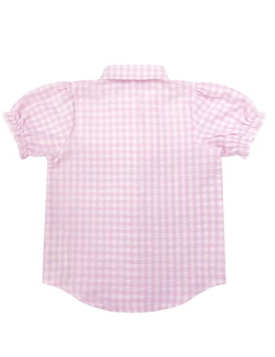 Image of Girls Short Sleeve Button Down Shirts Ruffle School Uniform Crop Tops Peter Pan Collar Plaid Blouse 4-13Y