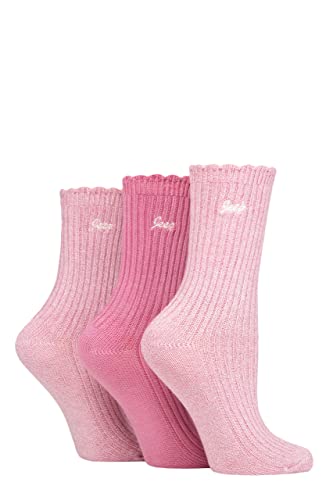 Jeep Ladies Bamboo Scalloped Top Socks Pack of 3 Cerise/Cream 4-8