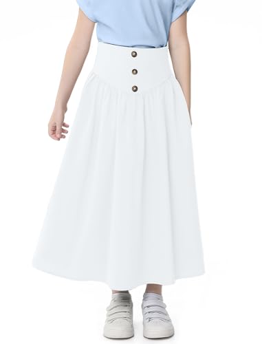 Image of Girl Maxi Skirt Elastic High Waist A-Line Long Skirt Smocked Waistband with Drawstring and Pockets 3-12 Years