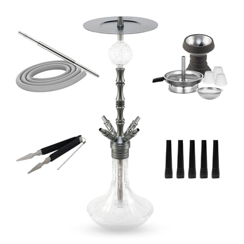 Cachimba Praedo Gris 72 cm 4 Personas con 100 Boquillas Higiénicas Negras | Set Completo con Chimenea, Cazoleta de Piedra, Molasse Catcher, 1 Manguera, 1 Boquilla, Pinza, Base de Vidrio