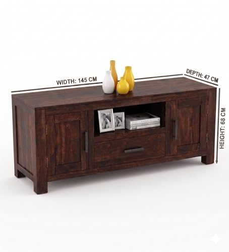 Image of Sheesham Wood Entertainment TV Unit Cabinet with Drawer and Shelf Storage for Home Living Room Solid Wooden Furniture for Hall & Office Decor - (Walnut Finish)