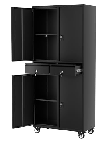 GarveeHome 72 Metal Storage Cabinet with Wheels Locking Doors & 2 Drawers Heavy Duty Rolling Garage Organizer with 2 Adjustable Shelves (with Wheels with 2 Draws)