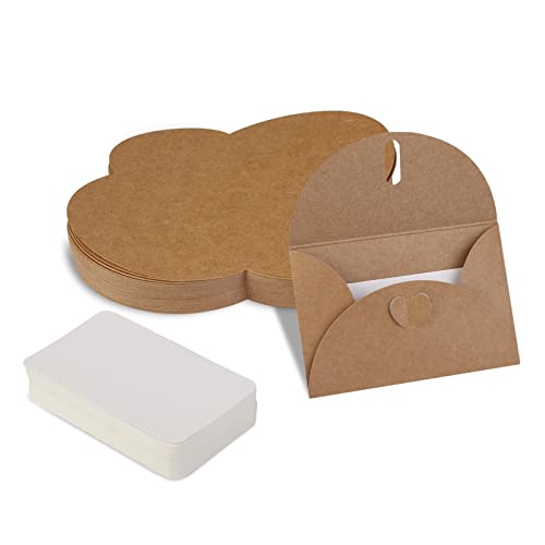 Sobres de papel kraft con 100 tarjetas de papel en blanco, mini sobres con cierre de corazón, sobres de papel kraft para regalos de dinero, tarjetas de agradecimiento (Gibson) Cover