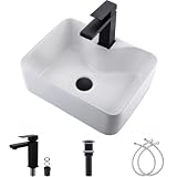 White Ceramic Bathroom Vessel Sink With Faucet, ZDHHT 16'x12' Rectangle Bathroom Sink Art Basin Vessel Sink Faucet Combo Set Vanity Vessel Sink with Black Faucet And Pop Up Drain