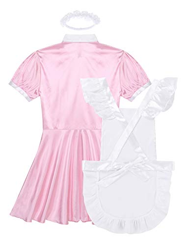 Yartina Men's Silky Satin French Maid Dress Sissy Crossdressing Lingerie Nightwear Pajamas4