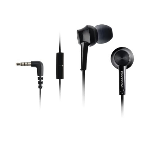 Panasonic TCM115E Wired In-Ear Headphones with Excellent Noise Isolation, Microphone, Powerful Sound, Black