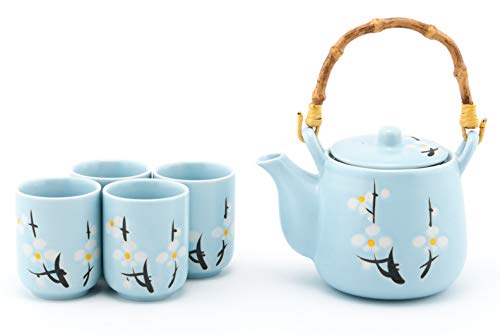 Hinomaru Collection Japanese Soshun Cherry Blossom Sakura Sky Blue Tea Set Ceramic Teapot with Strainer, Rattan Handle and 4 Tea Cups